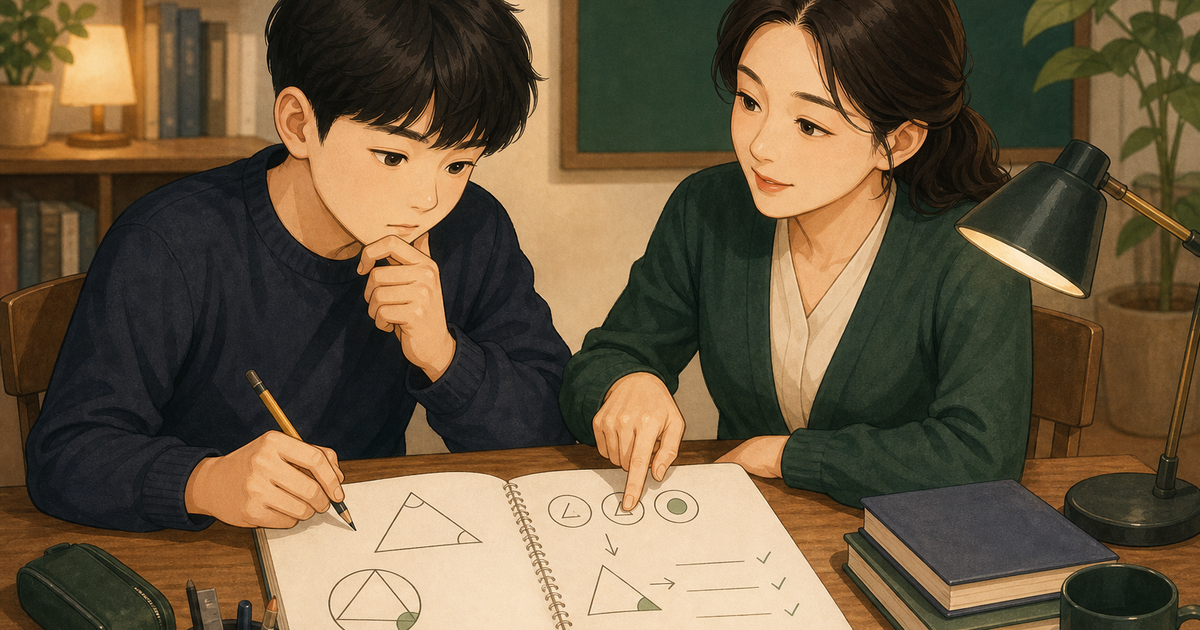 도형 그림에서 조건 표시 → 성질 선택 → 첫 줄 작성으로 이어지는 흐름도